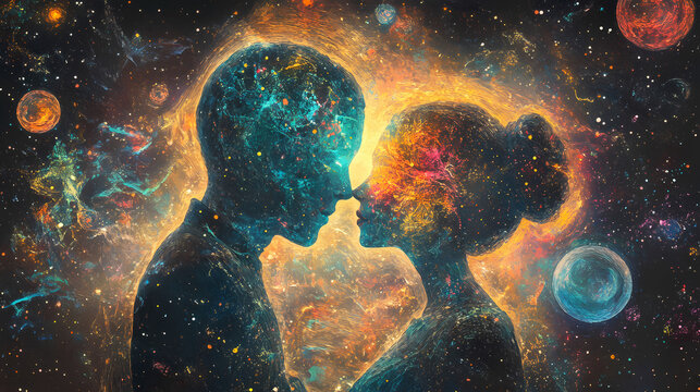 Quantum entangled soulmates embracing across parallel universes in cosmic embrace. Glowing Parallel Dimensions. Illustration