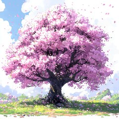 Obraz premium Majestic Pink Cherry Blossom Tree in Spring Meadow Falling Petals Scenic Nature