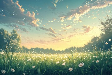Obraz premium A scenic illustration of a meadow filled with daisies