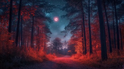 Fototapeta premium Enchanted Autumn Night: A Mystical Forest Path Under a Crimson Moon