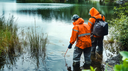Two individuals in bright orange gear collect water samples from a serene lake.