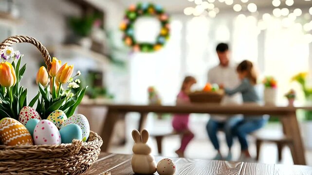 A warm family gathering in a festively decorated living room for Easter.