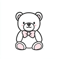 teddy bear with bow, a simple line drawing, flat design style, pastel colors, white background