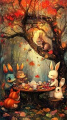 Animated bunnies enjoy a tea party in an autumnal forest