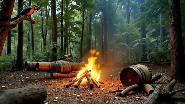 An abandoned pirate camp in the jungle features a smoldering fire, overturned barrels, scattered gold coins, and a watchful parrot.