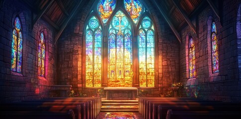 Obraz premium Interior view of a church with stained glass windows