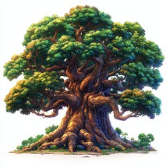 Naklejka premium Majestic Ancient Oak Tree Lush Green Foliage Gigantic Roots Isolated on White Background Fantasy