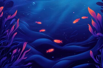 Stylized underwater scene showcasing fish and plants in blue hues