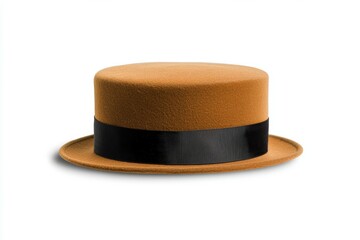 Tan hat with a black band sits on a white background