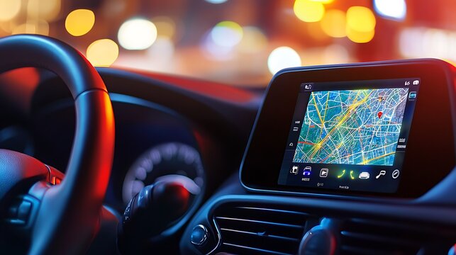A close-up view of a car's interior highlighting a GPS navigation system illuminated at night with vibrant city lights reflected in the dashboard