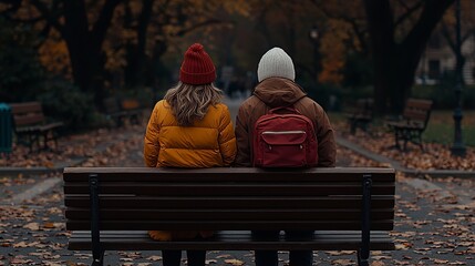 A Shared Moment of Solitude: Two individuals, embracing the serenity of an autumnal park, find solace in each other's presence, seated on a bench beneath a canopy of colorful foliage.
