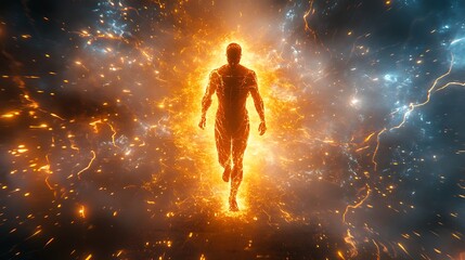 Naklejka premium Fiery Figure Walks Through Energy Burst