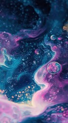 Abstract artwork showcases a vibrant liquid texture with bubbles
