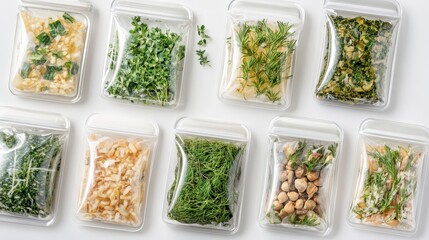 Assorted Fresh Herbs in Transparent Bags on White Background for Culinary Use and Recipe Inspiration