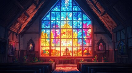 Obraz premium Stained glass window illuminates the interior of a church