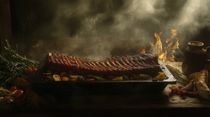 Smoky BBQ Ribs Served with Colorful Vegetables in a Rustic Setting with Flames Behind