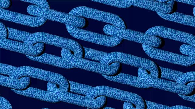 Futuristic blockchain chain with binary numbers motion on digital cyberspace network background.
