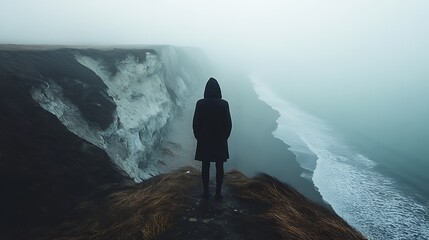 Foggy Clifftop, Person, Ocean View, Solitude