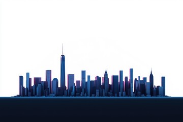 Stylized cityscape skyline at dusk, showcasing various building heights and architectural styles against a white background.