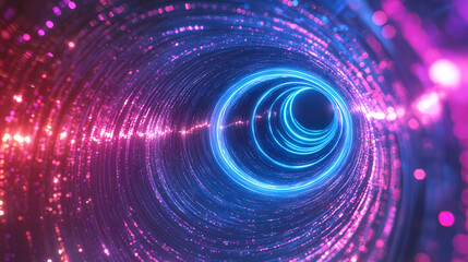 Obraz premium A futuristic tunnel with glowing neon rings, stretching infinitely into the distance and creating a high-tech sci-fi aesthetic. Glowing Parallel Dimensions. Illustration