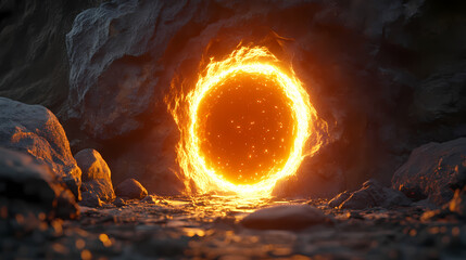 A glowing portal surrounded by dark rocks, representing a mystical entrance to another world or dimension. Glowing Parallel Dimensions. Illustration