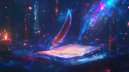 A mystical scene featuring an ethereal quill, glowing script, and starry table with vibrant hues. Glowing Parallel Dimensions. Illustration