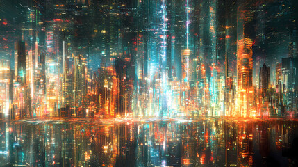 Fototapeta premium An illustration of quantum parallel worlds, showcasing numerous overlapping cityscape versions that blend dimensions with surreal, glowing details. Glowing Parallel Dimensions. Illustration