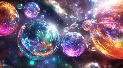 Floating orbs represent parallel universes, connected by glowing energy bridges. each orb holds a unique world, blending vibrant colors and abstract patterns. Glowing Parallel Dimensions. Illustration