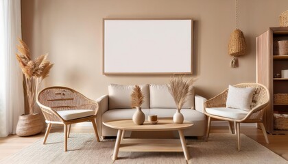 Blank Picture Frame Mockup on Beige Wall, Embracing Modern Boho Style Interior with a Breezy Vibe and Warm Textures