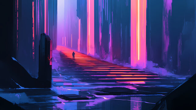 Futuristic architectural corridors with parallel lines of glowing luminous lights creating a sense of depth dimension and visual interest the sleek. Glowing Parallel Dimensions. Illustration