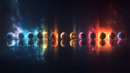 Futuristic depiction of planets and galaxies lined up in glowing orbs against a dark background. Glowing Parallel Dimensions. Illustration