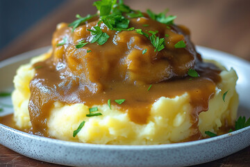 Delicious Mashed Potatoes Topped with Rich Brown Gravy