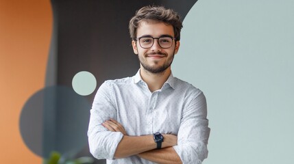 Portrait of a man with glasses and a white patterned shirt, arms crossed against a modern backdrop