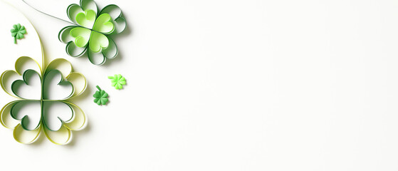 Happy St Patrick's Day banner design with paper quilling clovers and festive decorations on white...