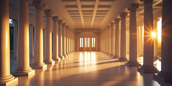 Grand neoclassical corridor with tall white columns bathed in warm golden sunlight. Majestic architecture featuring depth, symmetry, and historical elegance in a timeless atmosphere

