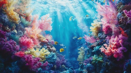 Fototapeta premium Colorful coral reefs thrive underwater alongside small schools of fish