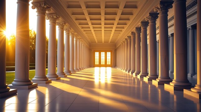 Grand neoclassical corridor with tall white columns bathed in warm golden sunlight. Majestic architecture featuring depth, symmetry, and historical elegance in a timeless atmosphere

 - Powered by Adobe