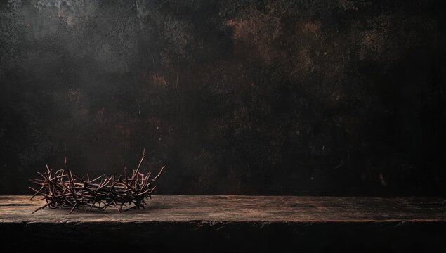 A crown of thorns on an old wooden table against a black background, with space for text Easter concept Generative AI