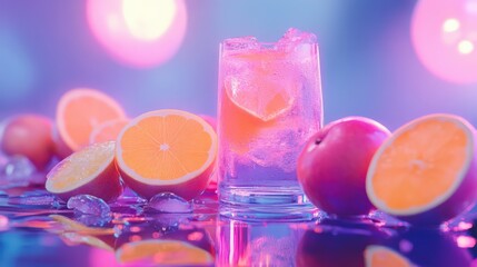 Refreshing citrus cocktail with ice, surrounded by oranges and apples, vibrant background lights