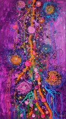 A vibrant, abstract art piece featuring colorful orbs and intricate patterns against a deep purple background, conveying a sense of energy and movement.