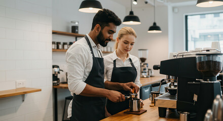 Baristas work together preparing coffee with an espresso machine in a bright cafe.