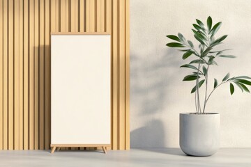  Minimalist indoor mockup with wooden panel, blank canvas, and potted plant for design presentation and branding.