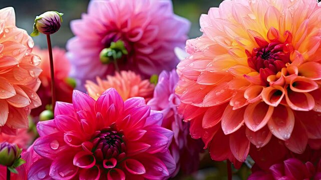 beautiful dahlia flowers with rain drops