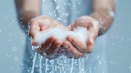 Fototapeta premium Clean Hands in Focus: A person's hands cradling a foamy soap, under the refreshing cascade of water, captured in a crisp, natural style. Emphasizing hygiene and the sensory experience of cleanliness.