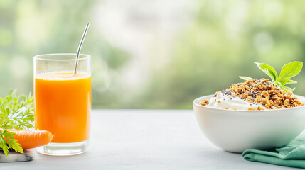 Fototapeta premium Fresh breakfast setting with orange juice and granola bowl on white surface with copy space