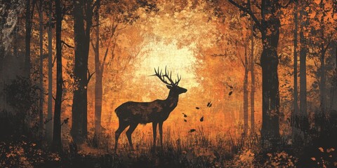 Majestic deer stands silhouetted in a warm autumn forest