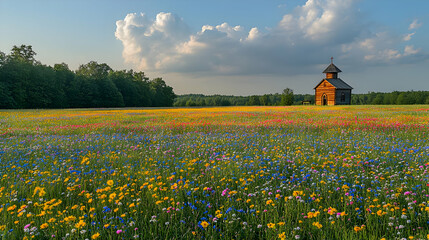 Obraz premium Colorful Wildflower Field With Old Wooden Schoolhouse