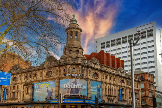 The Shaftesbury Theatre surrounded by office buildings and trees on the westside in London England UK