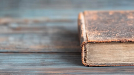 Vintage leather-bound book with distressed patina on rustic wooden surface