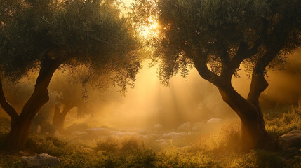 Sacred Garden of Gethsemane at dawn with divine light rays